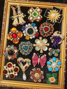 欧美宫廷风中古vintage复古彩色果冻琉璃闪钻花朵蝴蝶金属胸针女