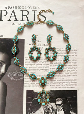 欧美宫廷风中古vintage复古气质椭圆蓝色松石做旧短款项链耳环女