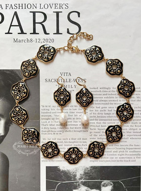 欧美宫廷风中古vintage复古黑色镂空滴油淡水珍珠耳环做旧项链女