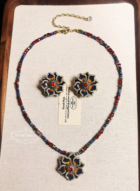 欧美宫廷风中古vintage复古气质做旧蓝色闪钻花朵串珠项链耳环女