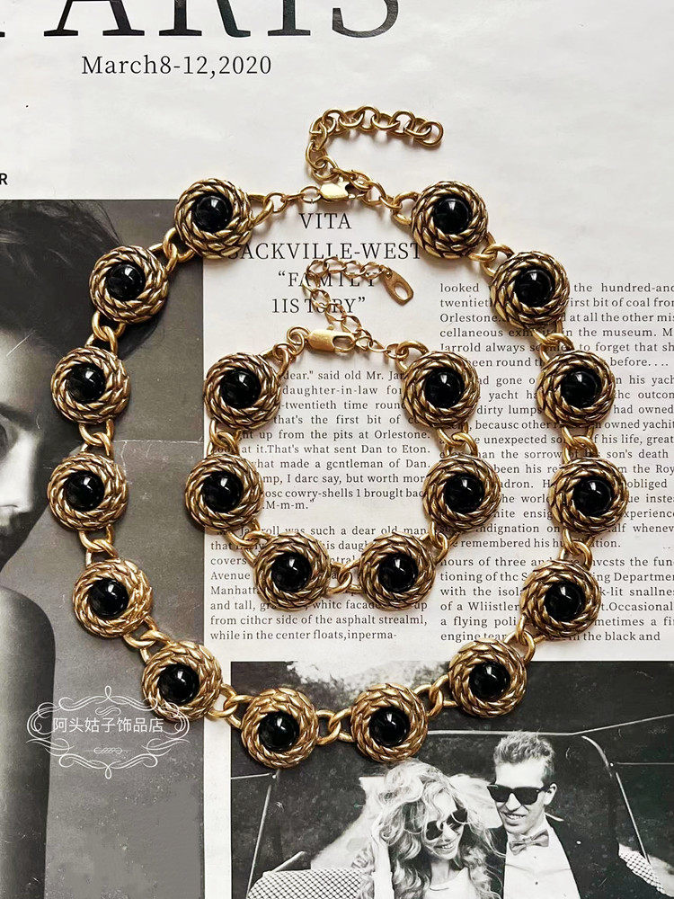 宫廷风中古vintage复古气质黑色琉璃麻花做旧金属短款项链手链女