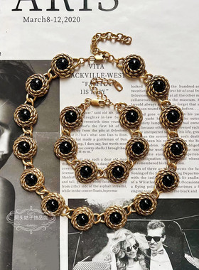 宫廷风中古vintage复古气质黑色琉璃麻花做旧金属短款项链手链女