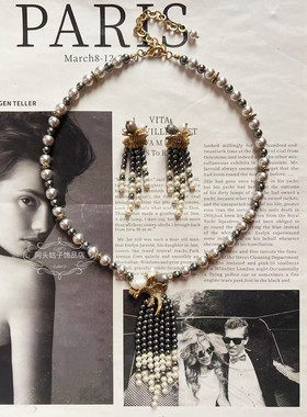 欧美宫廷风中古vintage复古气质黑灰珍珠流苏做旧金属项链耳环女