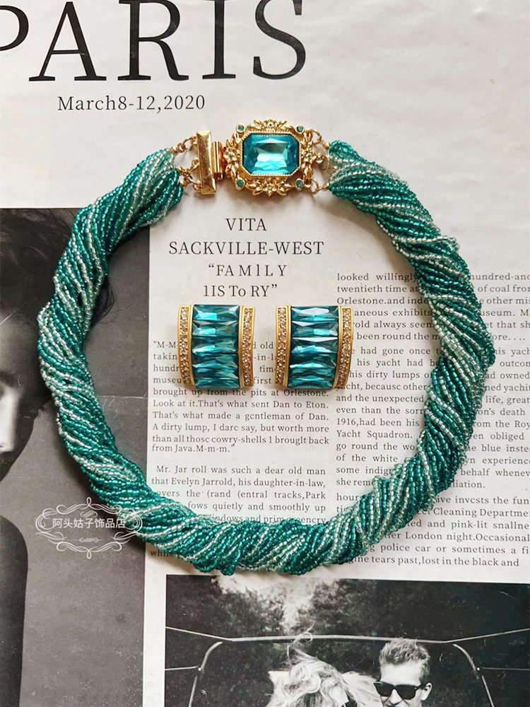 欧美宫廷风中古vintage复古气质粉蓝串珠多层麻花缠绕项链耳夹女