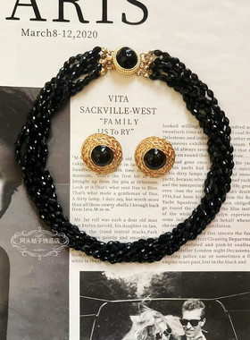 欧美宫廷风中古vintage复古气质黑色水晶串珠多层短款项链耳环女