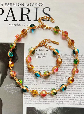 欧美中古复古彩色琉璃项链手链女