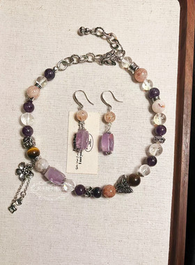 新中式vintage复古气质紫水晶虎眼石串珠蝴蝶流苏项链耳环手链女