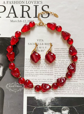 欧美宫廷中古vintage复古气质红色树脂不规则几何短款项链耳环女