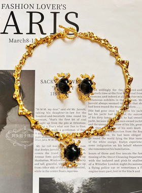 欧美中古风黑色几何金属耳环项圈