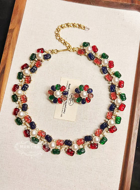 欧美宫廷中古vintage复古铜镀金做旧彩色果冻琉璃珍珠项链耳环女