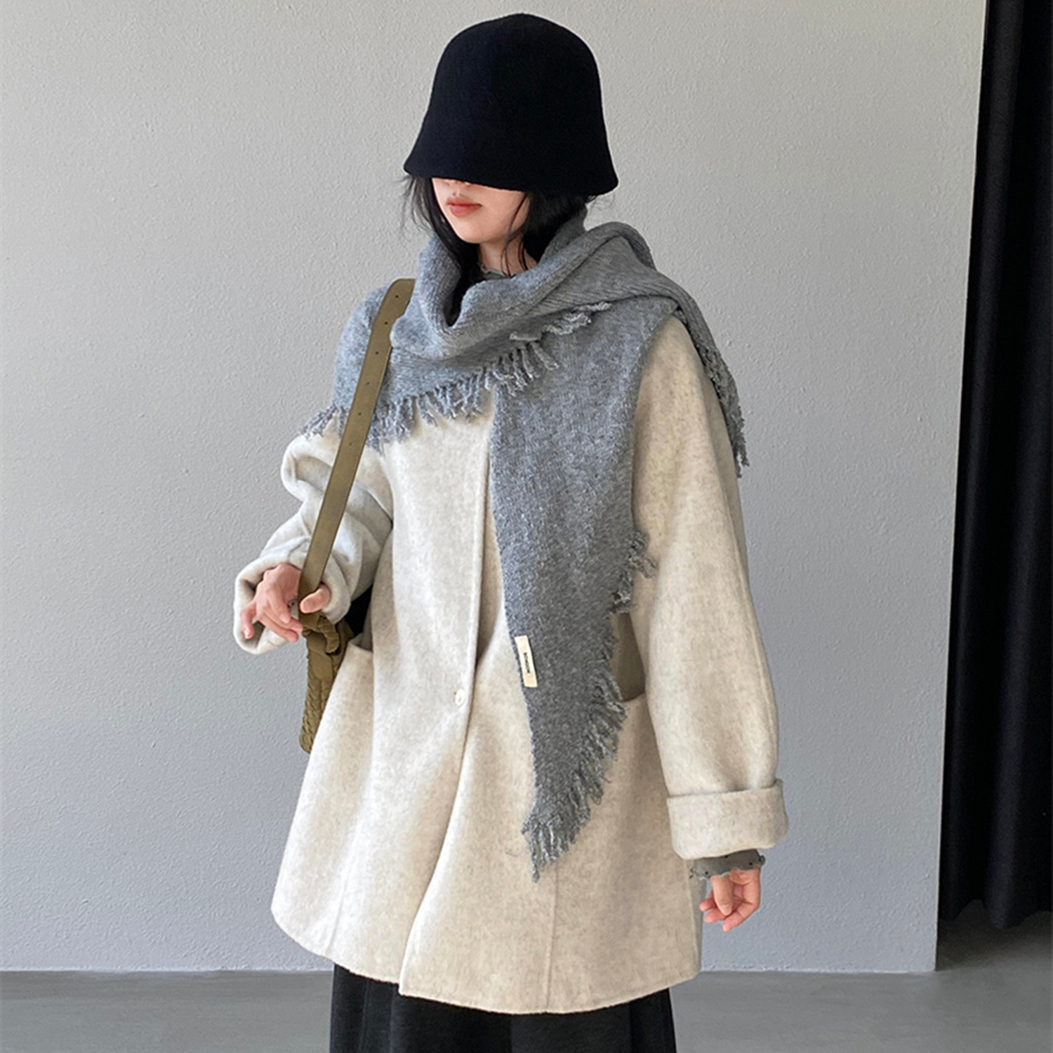 流苏围巾双面羊毛呢子大衣