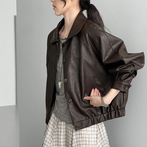 翻领短款皮衣女机车服