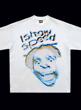 IShowSpeed甲亢哥美式网红人物印花重磅纯棉宽松小领口短宽T恤