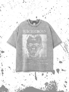 Suicideboys水洗做旧浅灰暗黑说唱数码印花男女宽松纯棉人像T恤