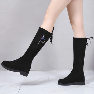 网红长靴女不过膝中筒靴真皮平底显瘦腿弹力靴春秋学生单靴瘦瘦靴
