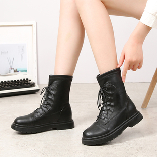 英伦风百搭系带短靴厚底机车单靴圆头女皮靴 马丁靴女2024秋冬新款