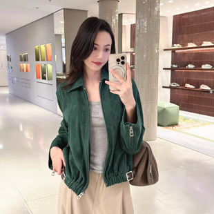 南油女装 麂皮绒羊皮夹克女设计感下摆皮带真皮衣外套 2025早秋新款