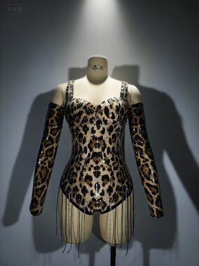 豹纹连体bling bling可定制高差或平角演出服gogo衣服大码定制