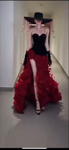 红色玫瑰花朵羽毛开叉大裙摆演出服歌手走秀摄影服装