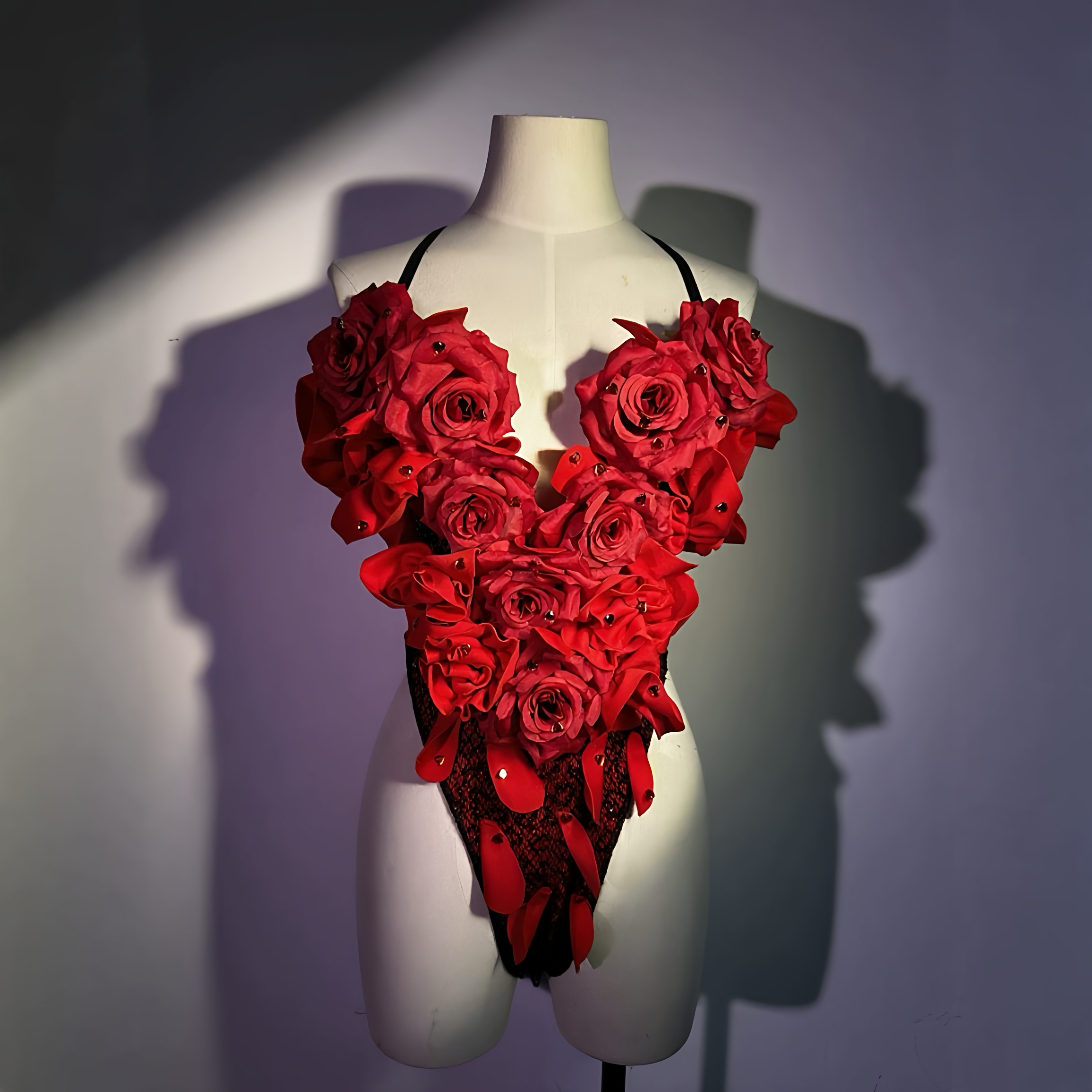 情人节520钻闪复古立体玫瑰花朵性感深V连体高叉gogo演出服大码