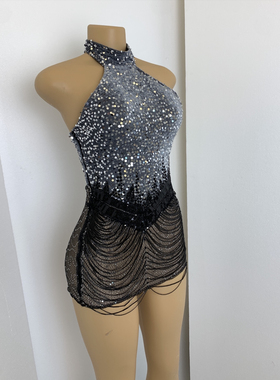 支持大码演出服包臀连衣裙流苏钻闪欧美挂脖紧身歌手定制