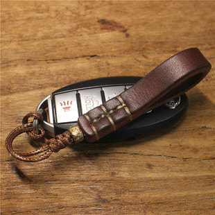 复古枥木鞍革汽车钥匙链个性手工钥匙扣创意精致礼品挂绳牛皮手绳