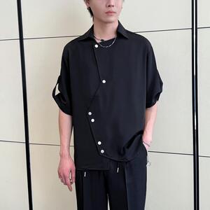 男士不规则纯色衬衫五分袖小众设计垂感摁扣冰丝衬衣A202CS919P65图片