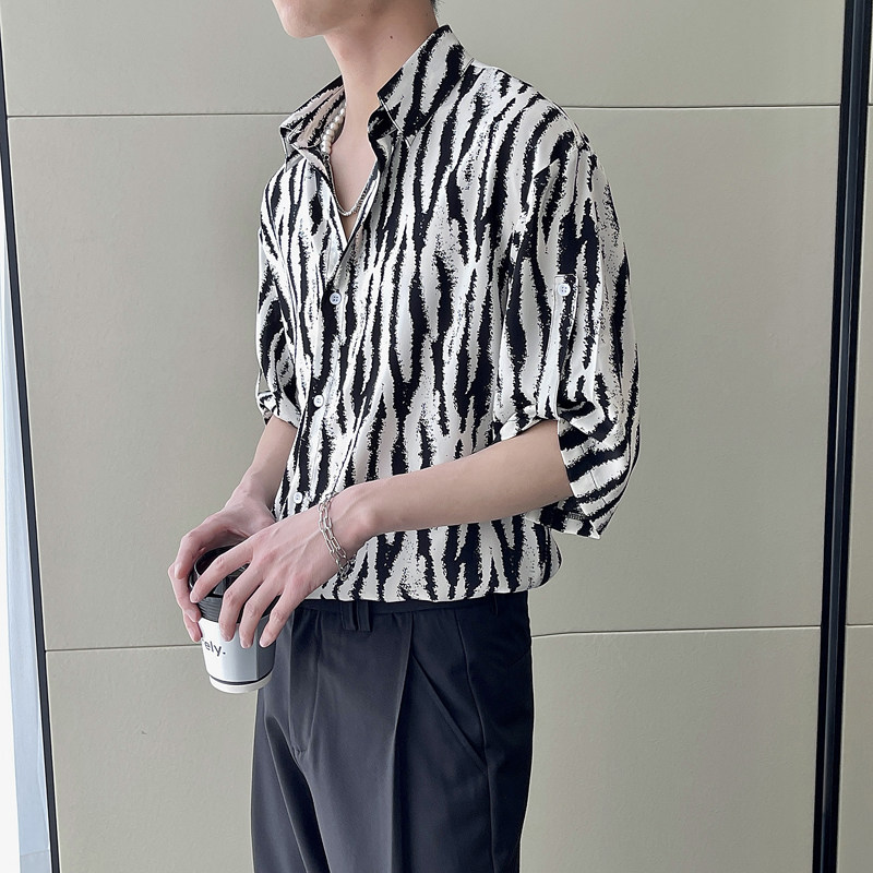 2025春夏新款男韩版ins斑马纹短袖衬衫轻奢抖音A202CS020P55,男装T恤,星座1311（原A202）