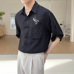 2025夏新款男士新中式宽松绣花亚麻透气短袖衬衫潮A202CS9019P60图片