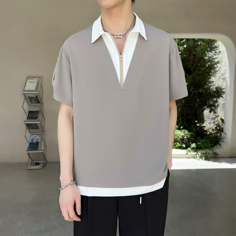 夏季设计感假两件短袖衬衫男士痞帅套头半袖冰丝衬衣A202CS628P55,男装衬衫,星座1311（原A202）