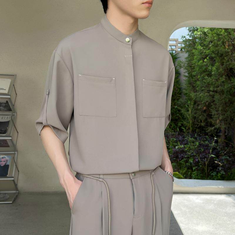 新中式男士风立领短袖衬衫冰丝暗扣高级感垂感衬衣A202CS318P55，男装衬衫，星座1311（原A202）