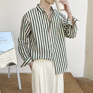 2025春夏新款男士韩版百搭简约落肩宽松条纹长袖衬衫A202CS308P65图片