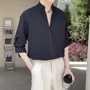 2025男士立领风简约高级感长袖飘带冰丝垂坠衬衫 A202CS518P65图片