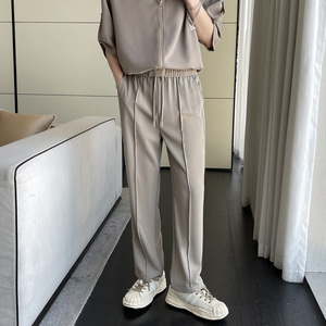 2025夏季新款冰丝垂感直筒休闲裤宽松长裤抖音A202K1558P65,两侧排扣休闲长裤穿搭男图片