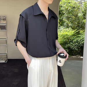 2025夏季新款冰丝高级感轻熟痞帅男士落肩短袖衬衫A202CS218P60,藏青色短袖女搭配什么裤子图片