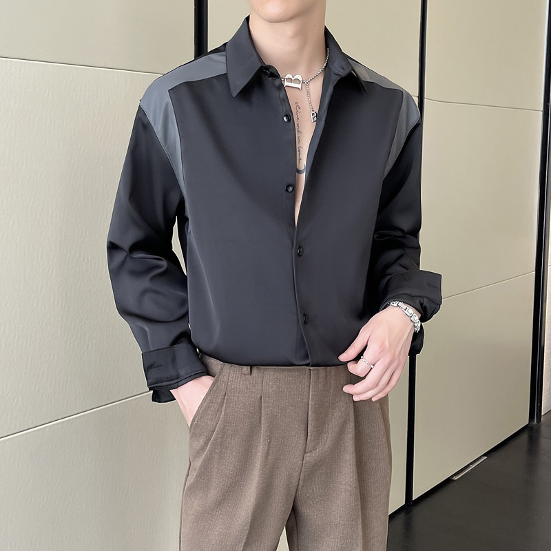 2025高级感男士英伦简约拼皮宽松落肩长袖衬衫A202CS520P65,男装衬衫,星座1311（原A202）