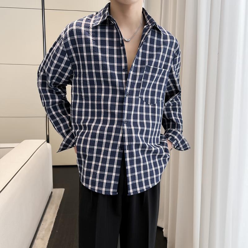 2025秋冬新款蓝色格子男长袖衬衫英伦宽松落肩上衣A202CS2011P65,男装衬衫,星座1311（原A202）