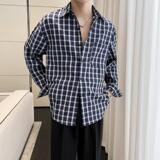 2025秋冬新款蓝色格子男长袖衬衫英伦宽松落肩上衣A202CS2011P65，男装衬衫，星座1311（原A202）