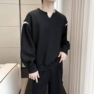 2025春季新款男士重磅V领卫衣宽松套头拼色长袖上衣A202WY320P75,三叶草男贝壳鞋搭配图片