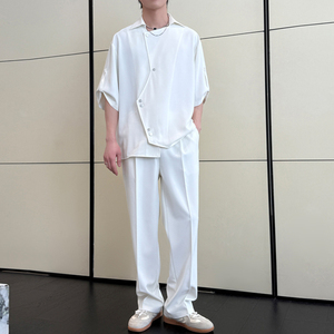男士不规则冰丝宽松短袖衬衫套装垂感直筒休闲长裤A202TZ919P130图片