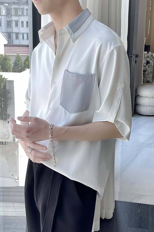 夏季新款拼接撞色男士短袖宽松衬衫潮垂坠感衬衣A202CS028P55,男装T恤,星座1311（原A202）