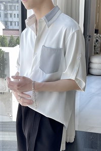 夏季新款拼接撞色男士短袖宽松衬衫潮垂坠感衬衣A202CS028P55图片