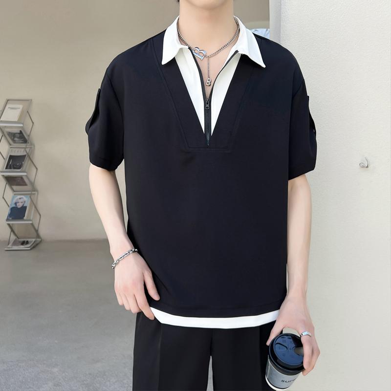 夏季设计感假两件短袖衬衫男士痞帅套头半袖冰丝衬衣A202CS628P55,男装衬衫,星座1311（原A202）