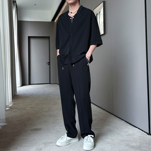 2025春夏新款男士短袖衬衫潮流痞帅冰丝直筒裤套装A202TZ615P120图片