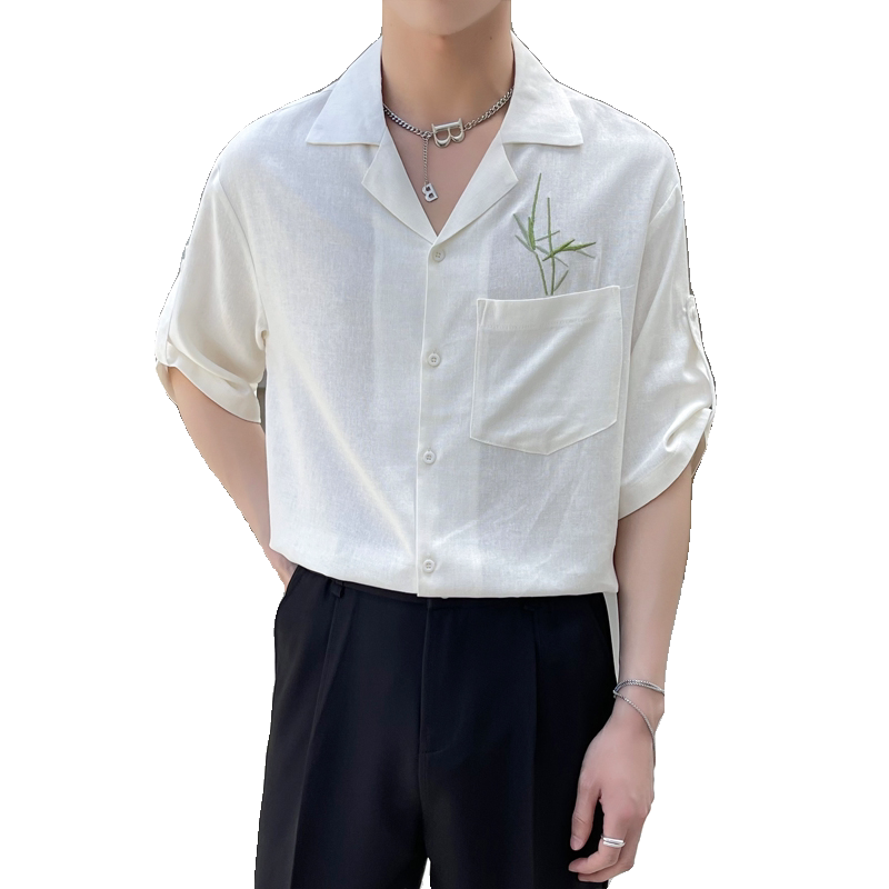 2025夏新款新中式古巴领宽松绣花亚麻透气短袖衬衫A202CS9018P55,男装T恤,星座1311（原A202）