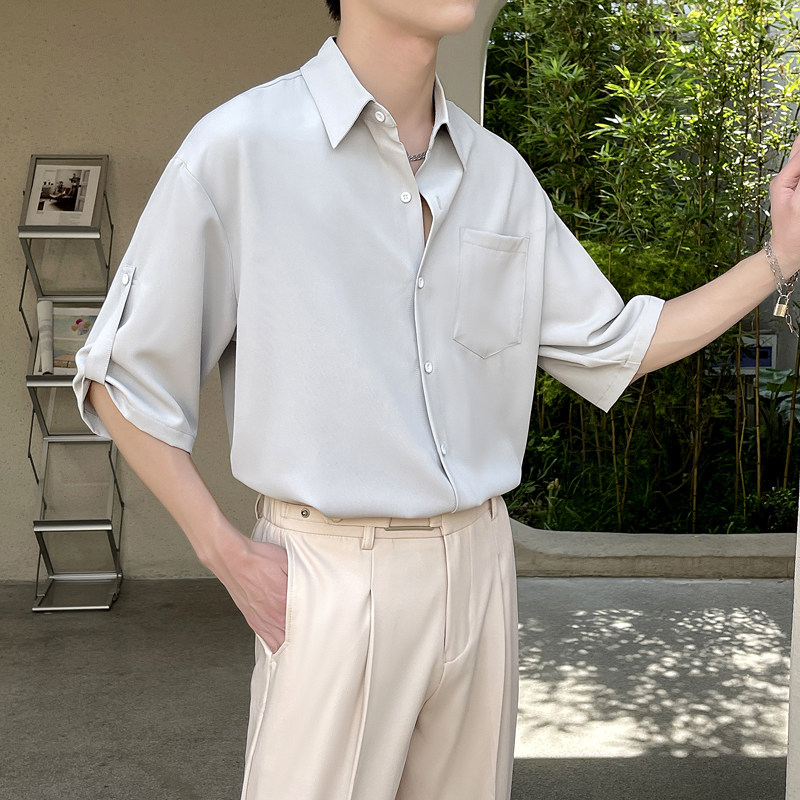 高级坠感英伦雅痞男装夏天七分袖衬衫痞帅薄款轻熟风冰丝短袖衬衣,男装衬衫,星座1311（原A202）