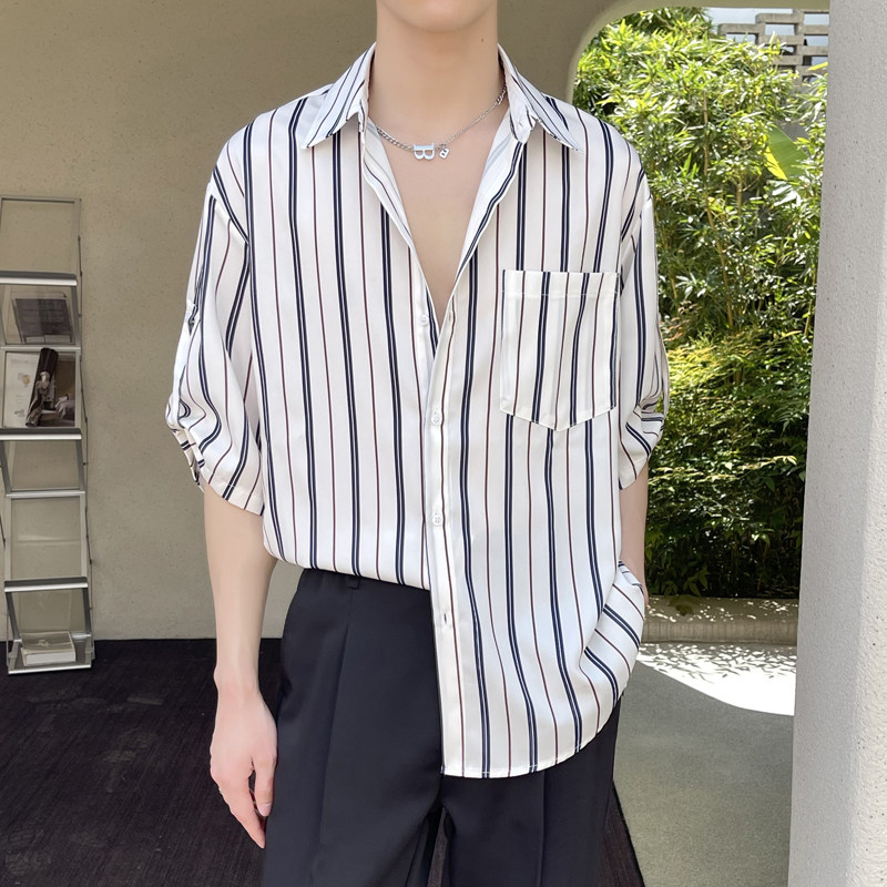 2025夏季男条纹短袖衬衫冰丝垂感轻熟风衬衣抖音A202CS918P55,男装T恤,星座1311（原A202）
