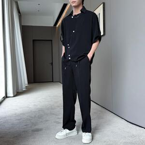 男士不规则冰丝宽松短袖衬衫套装垂感直筒休闲长裤A202TZ919P130图片