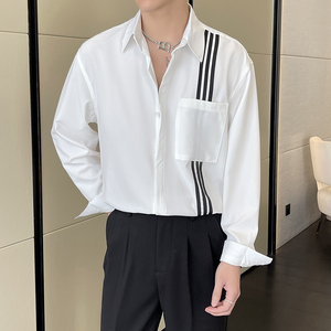 2025春夏高级感男英伦简约条纹宽松落肩长袖衬衫潮A202CS356P65图片