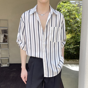 夏季条纹短袖衬衫男冰丝垂感轻熟风衬衣抖音A202CS918P55图片